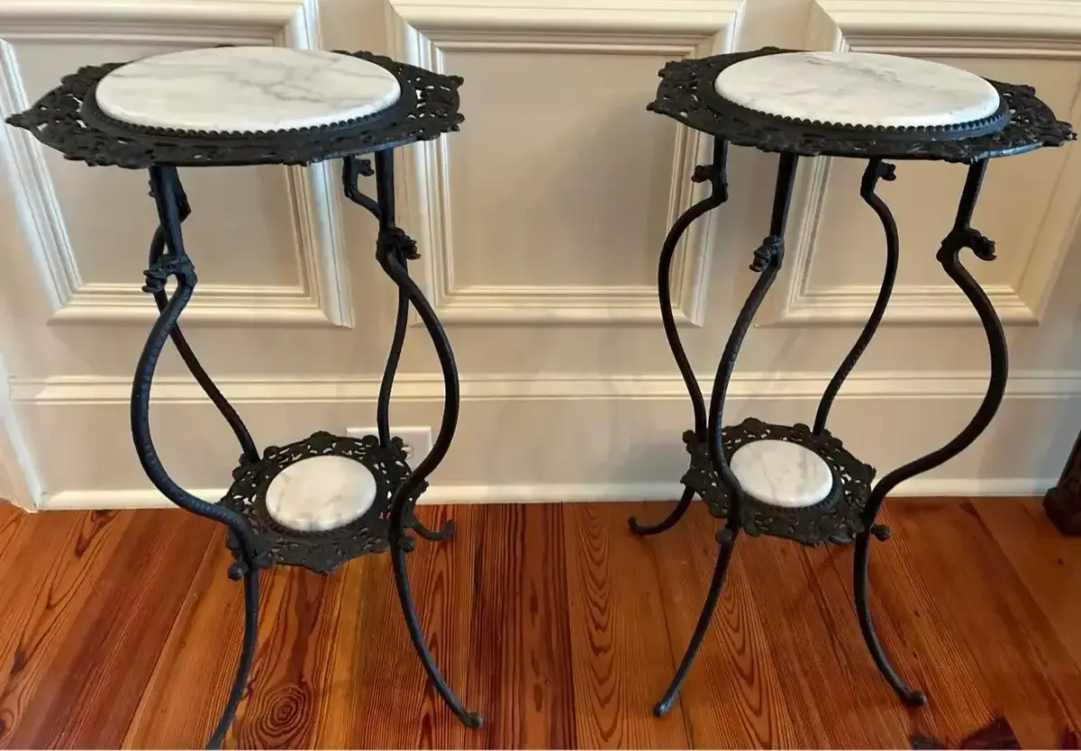 Pair of Cast Iron Plant Stands With Marble Inlay