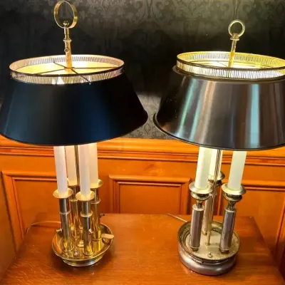 Pair of Bouillotte-Style Brass & Metal Lamps with Black Tole Shades