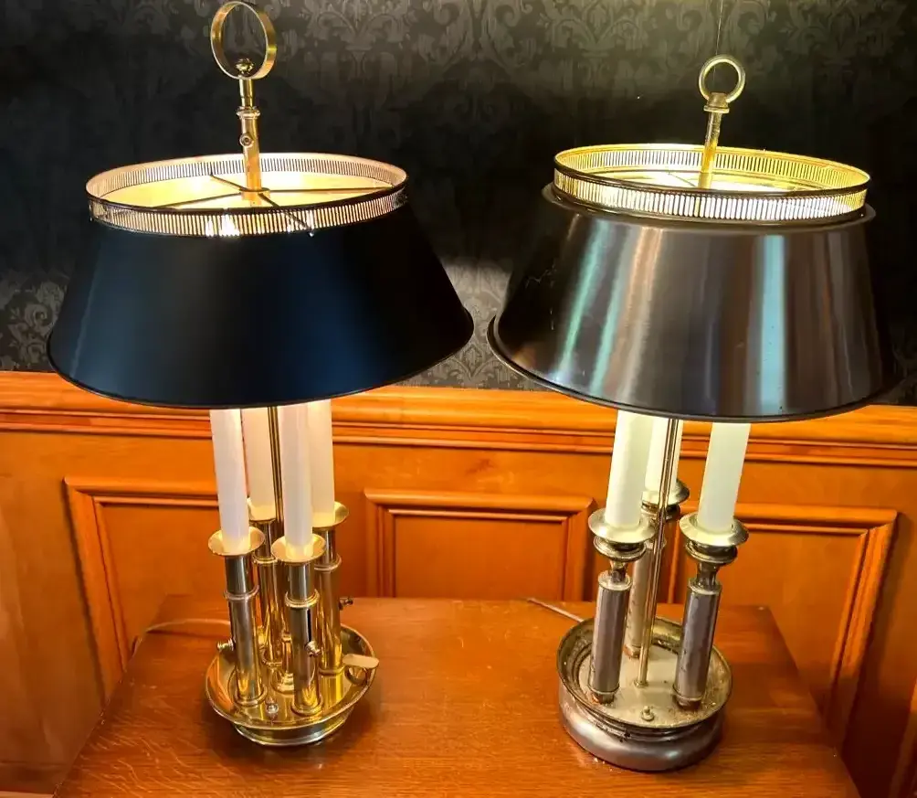 Pair of Bouillotte-Style Brass & Metal Lamps with Black Tole Shades