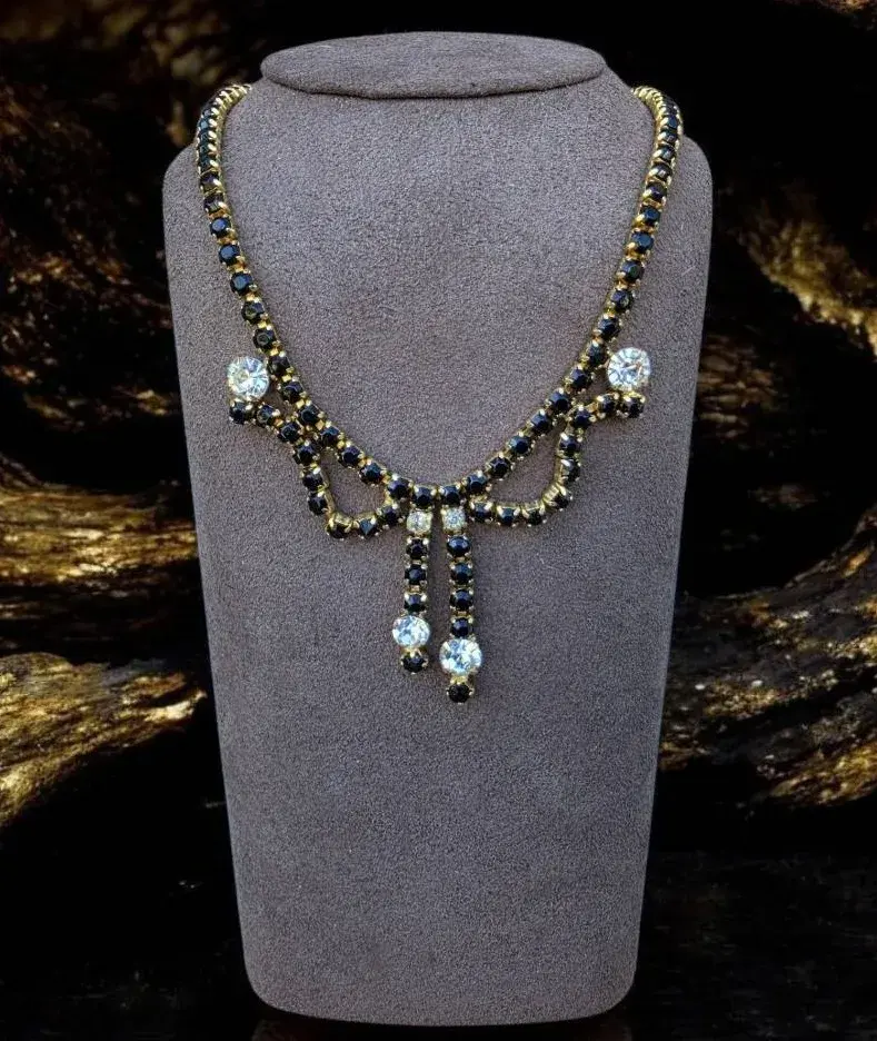 Vintage Black And Gold Cascading Bib Necklace With Large Fauceted Clear Stones 