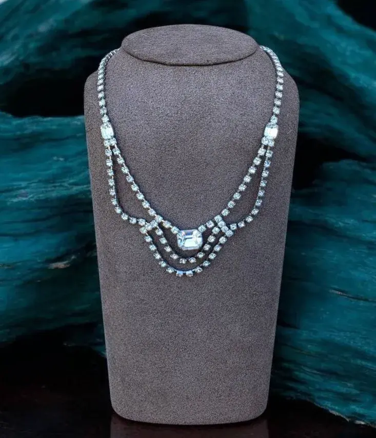 Vintage 3 Strand Layered Rhinestone Crystal Necklace With Large Center Crystal 