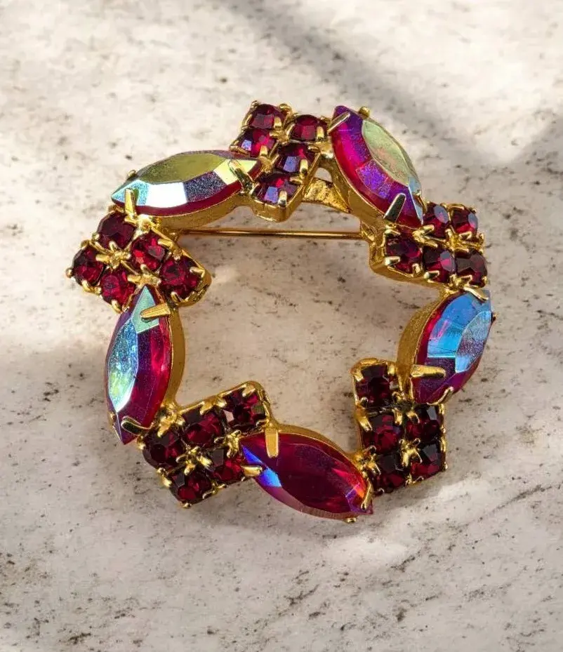 Vintage Aurora Borealis Rhinestone Brooch Pin Red Crystal Gold Tone