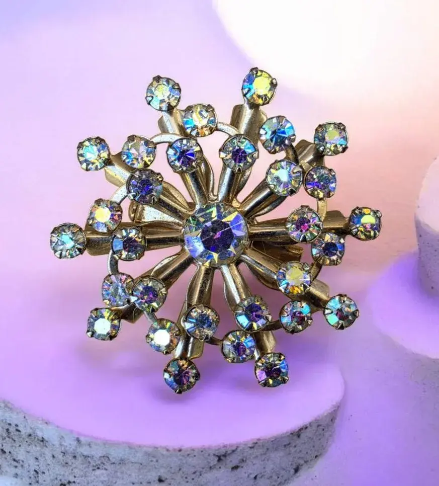 Vintage Aurora Borealis Rhinestone Sunburst Brooch Pin