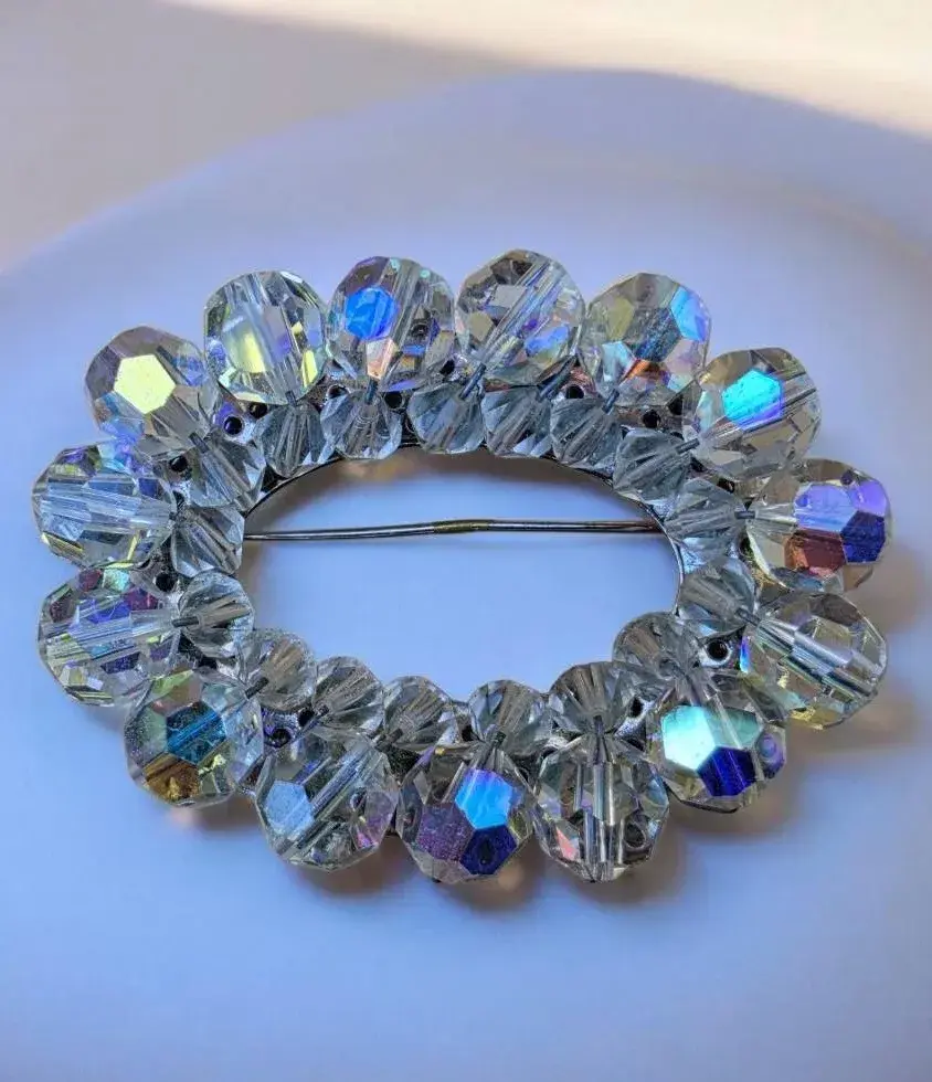 Vintage Iridescent Aurora Borealis Beaded Rhinestone Oval Brooch 