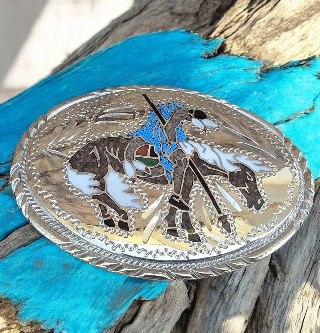 Vintage "End Of The Trail" - Heavy Belt Buckle S.S.I.  Made In USA - Inlaid Turquoise 