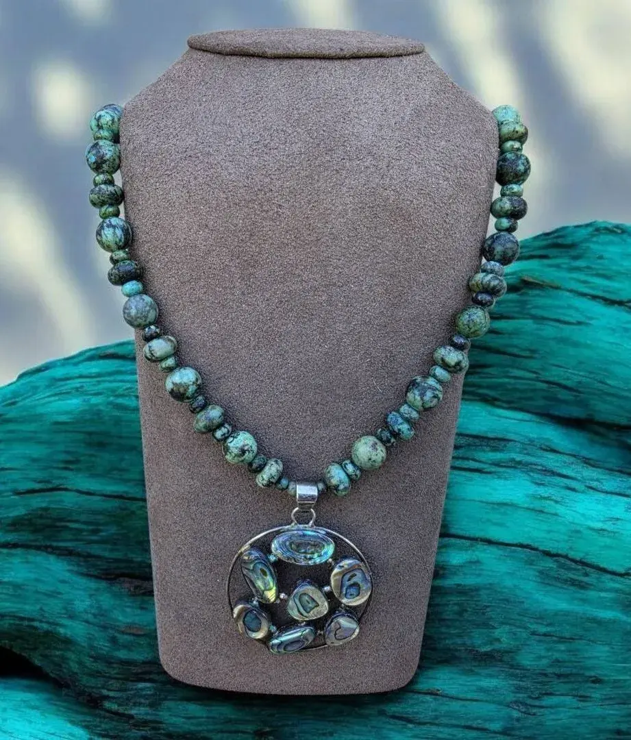 Sterling Silver Vintage Africian Turquoise Jasper Necklace With Abalone Pendant