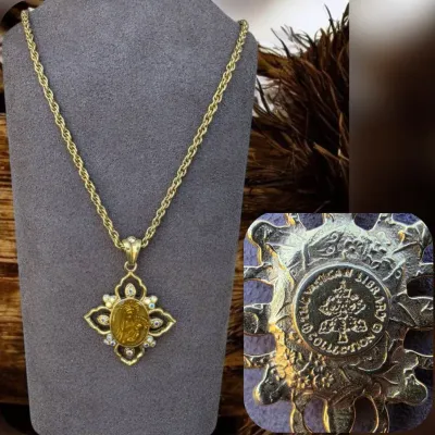 Vintage Vatican Library Collection Gold Tone Religious Medallion Rhinestone Pendant Necklace