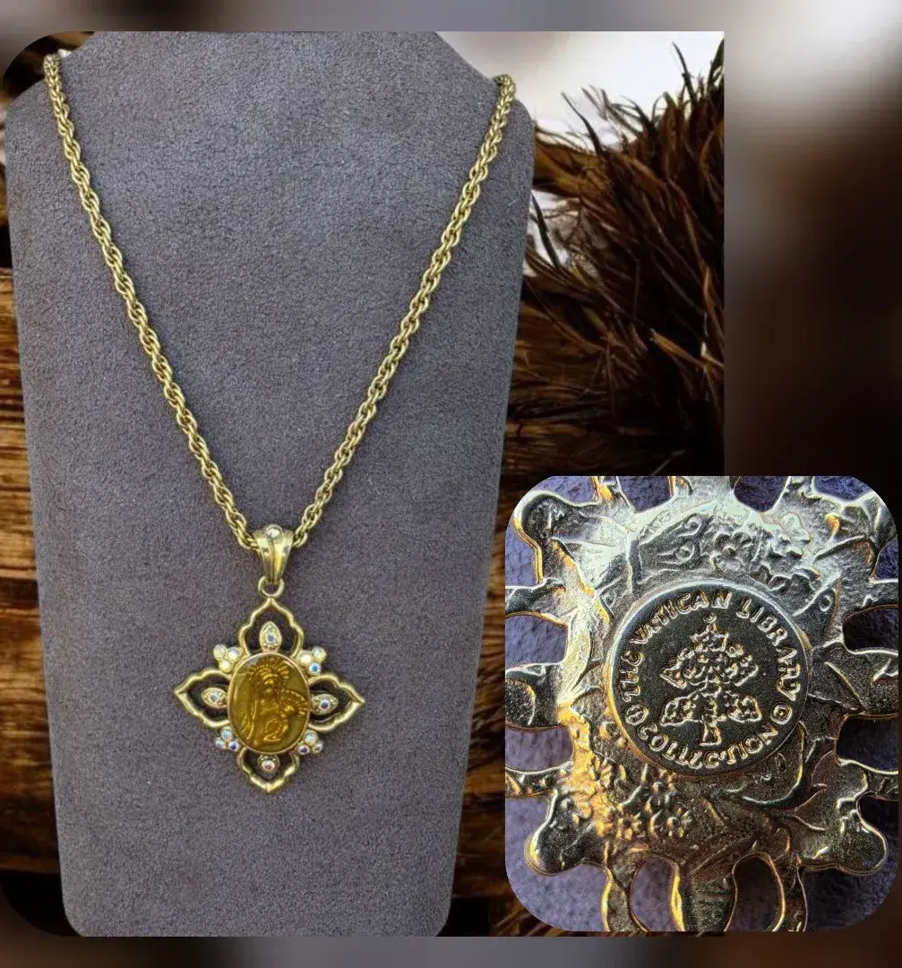 Vintage Vatican Library Collection Gold Tone Religious Medallion Rhinestone Pendant Necklace