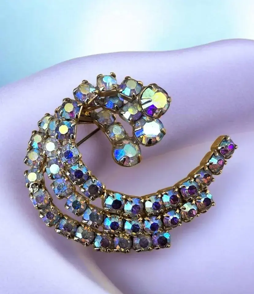 Vintage Aurora Borealis Rhinestone Crescent Brooch Pin Gold Tone