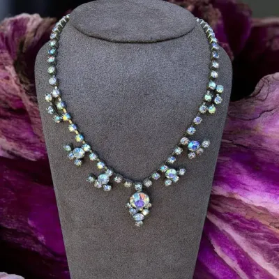 Vintage Aurora Borealis Rhinestone Crystal Statement Necklace - AB Crystal Flashes