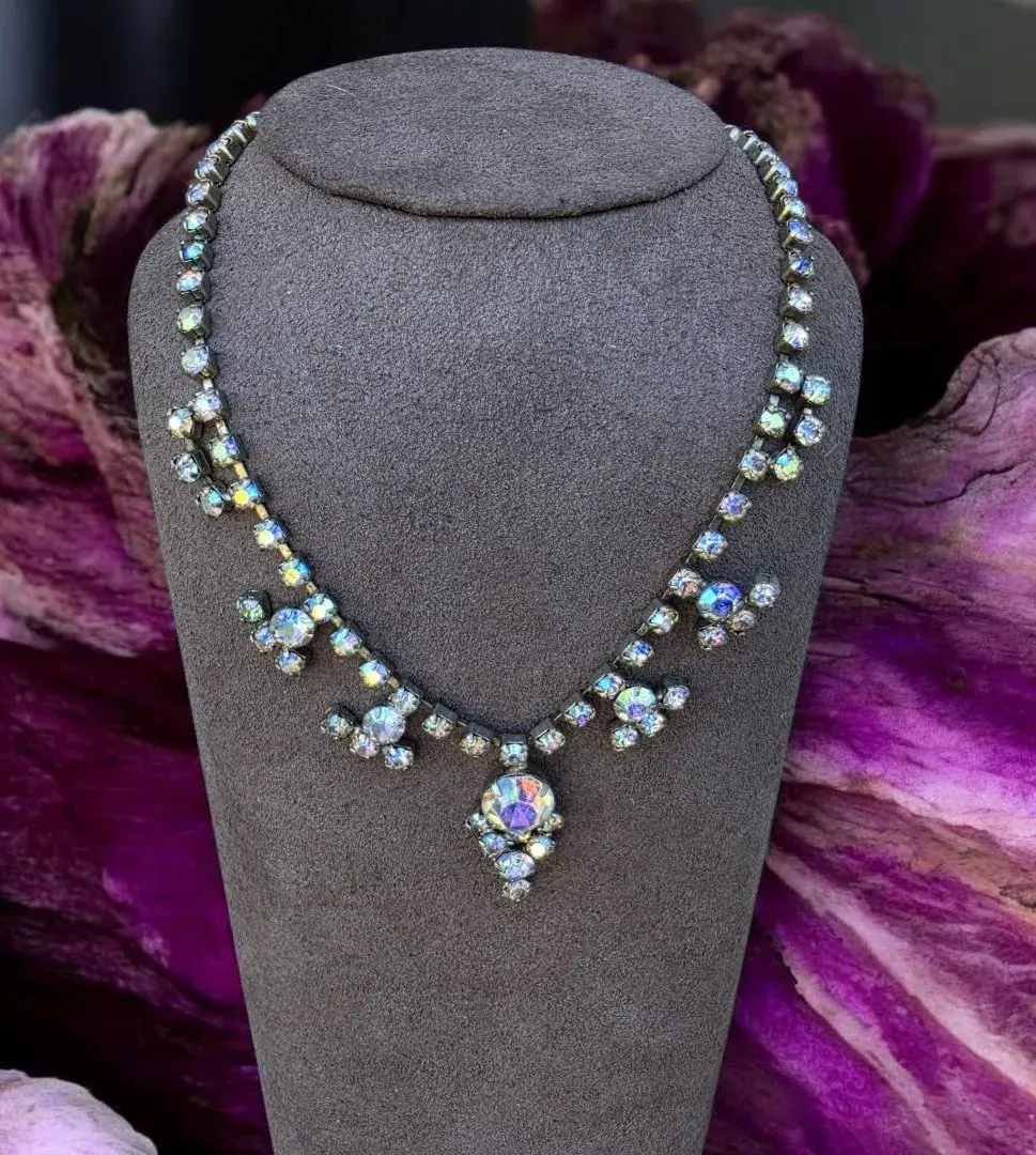 Vintage Aurora Borealis Rhinestone Crystal Statement Necklace - AB Crystal Flashes