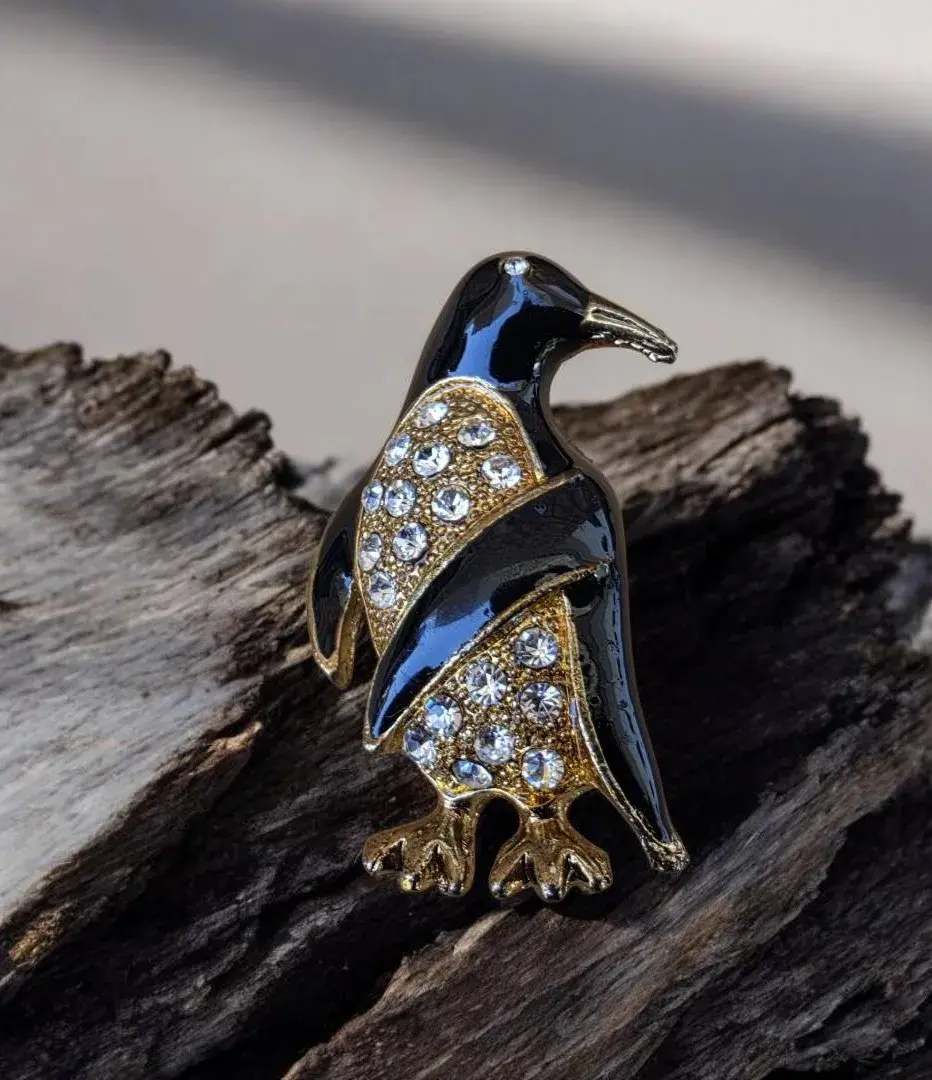 Vintage Black Enamel Penguin With Rhinestones