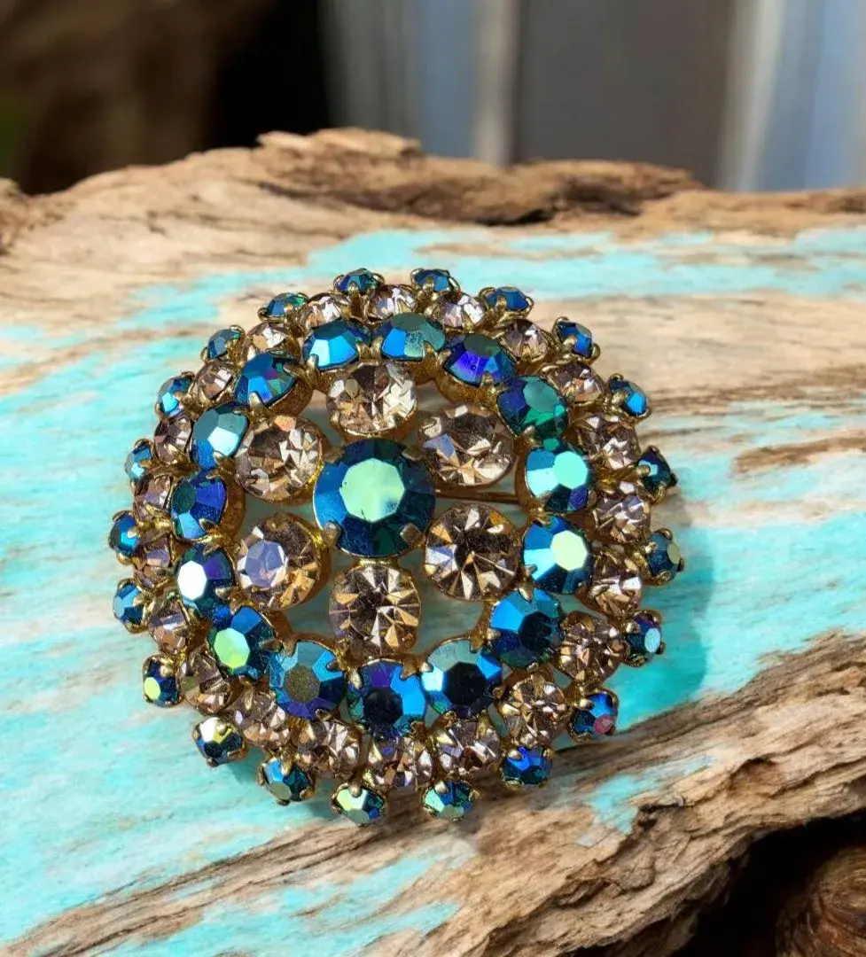Vintage Teal Blue Aurora Borealis Domed Rhinestone Cluster Brooch