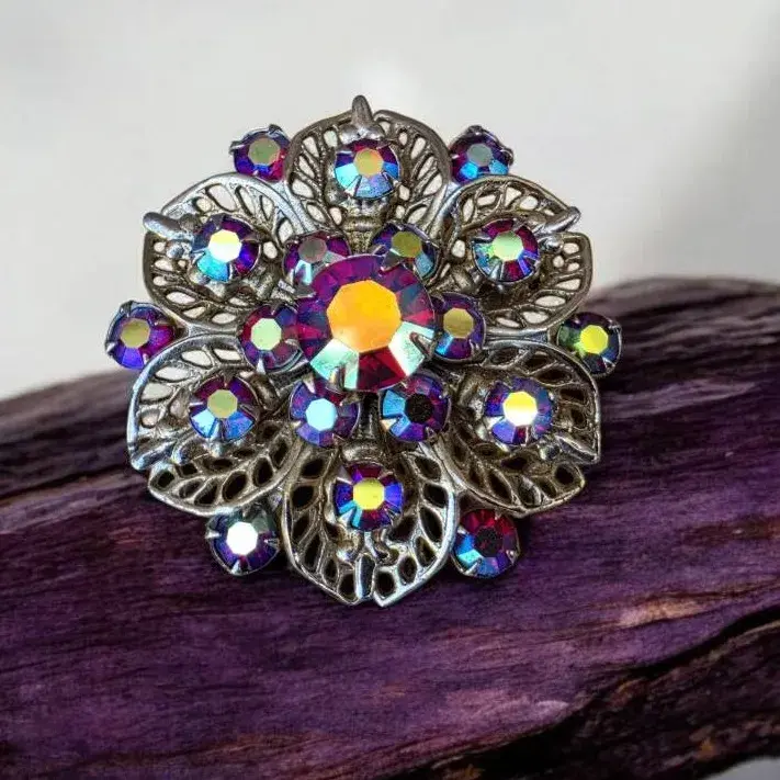 Vintage Aurora Borealis Filigree Floral Brooch