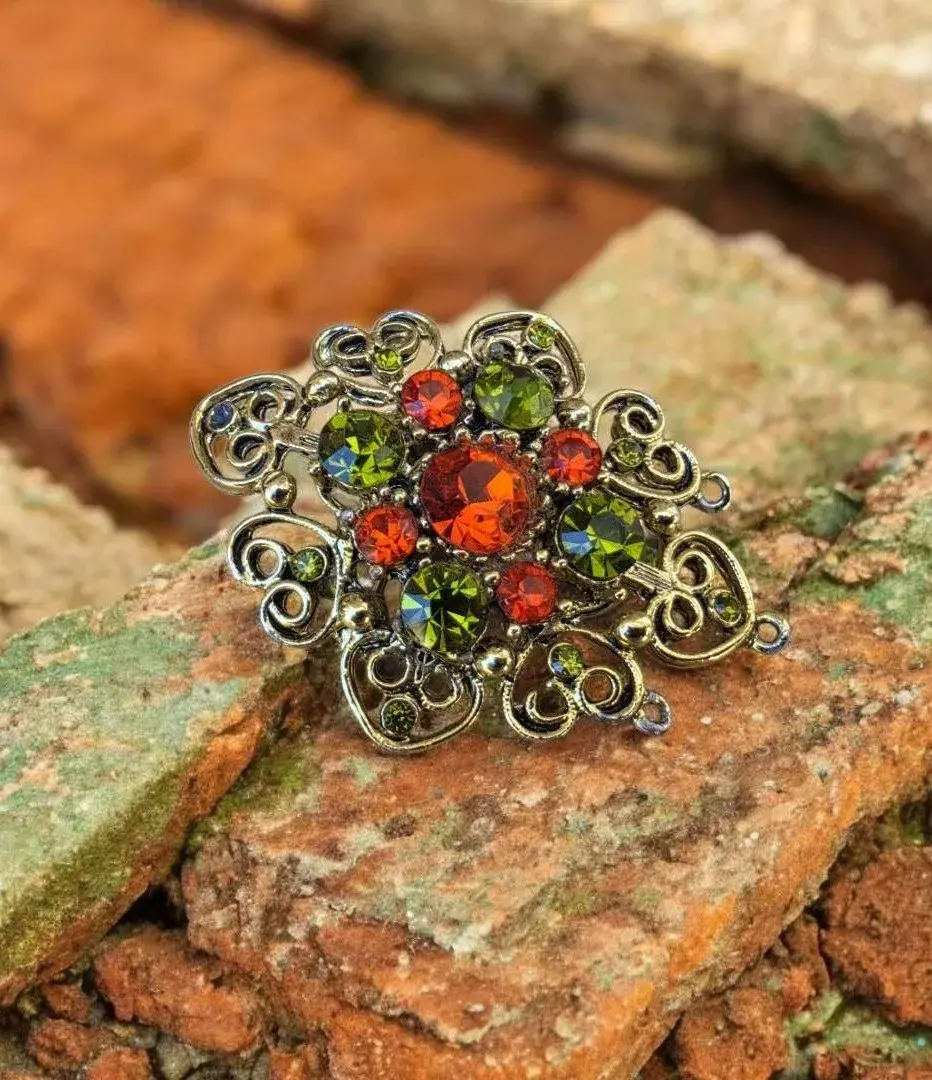 Vintage Green & Orange Rhinestone Brooch Gold Tone Filigree Floral Statement Pin