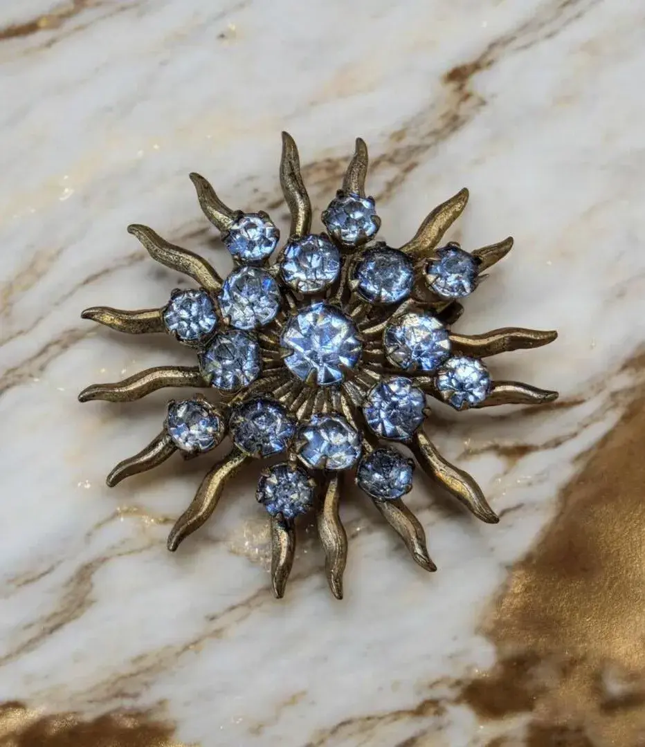 Vintage Rhinestone Gold Tone Sunburst Brooch Pin