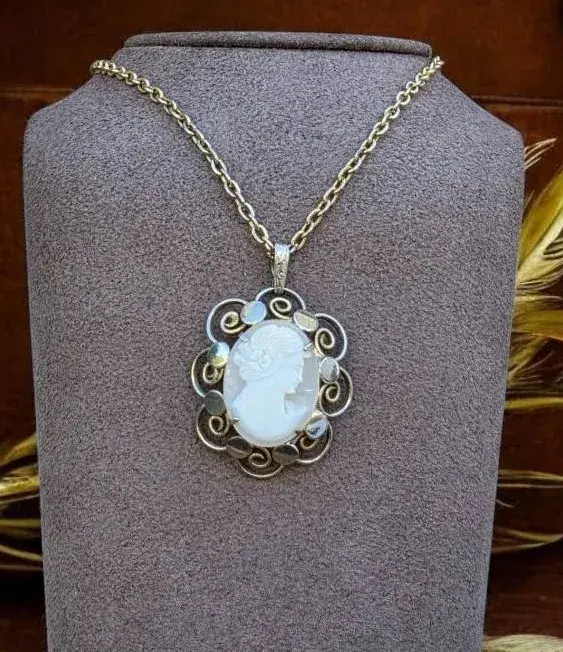 Vintage Cameo Carved Pendant Gold Tone Filigree Necklace