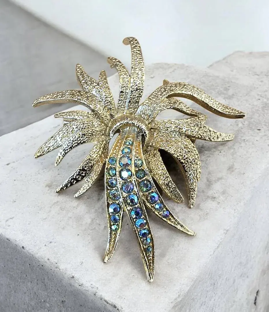 Vintage Gold Tone Sunburst Brooch Aurora Borealis Rhinestone Floral Statement Brooch