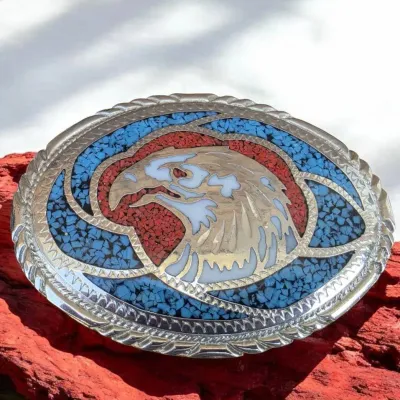 Vintage "Bald Eagle" - Heavy Belt Buckle S.S.I.  Made In USA - Inlaid Turquoise & Coral