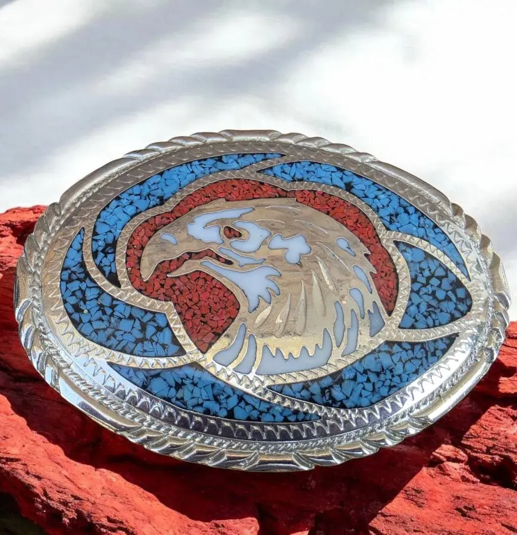 Vintage "Bald Eagle" - Heavy Belt Buckle S.S.I.  Made In USA - Inlaid Turquoise & Coral