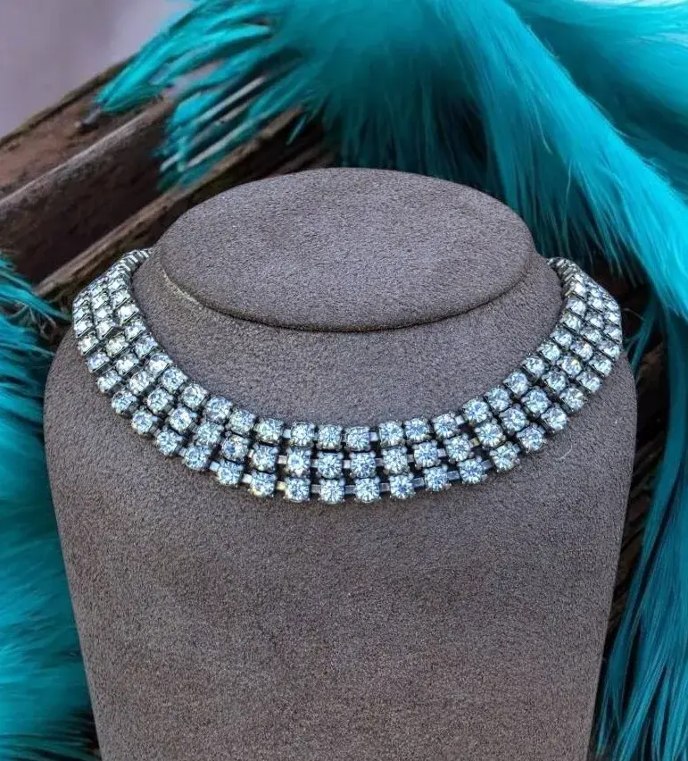 Vintage 3 Row Crystal Statement Choker Necklace