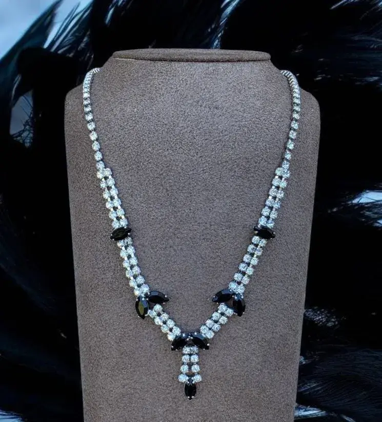Vintage Black Navette Rhinestone Statement Necklace