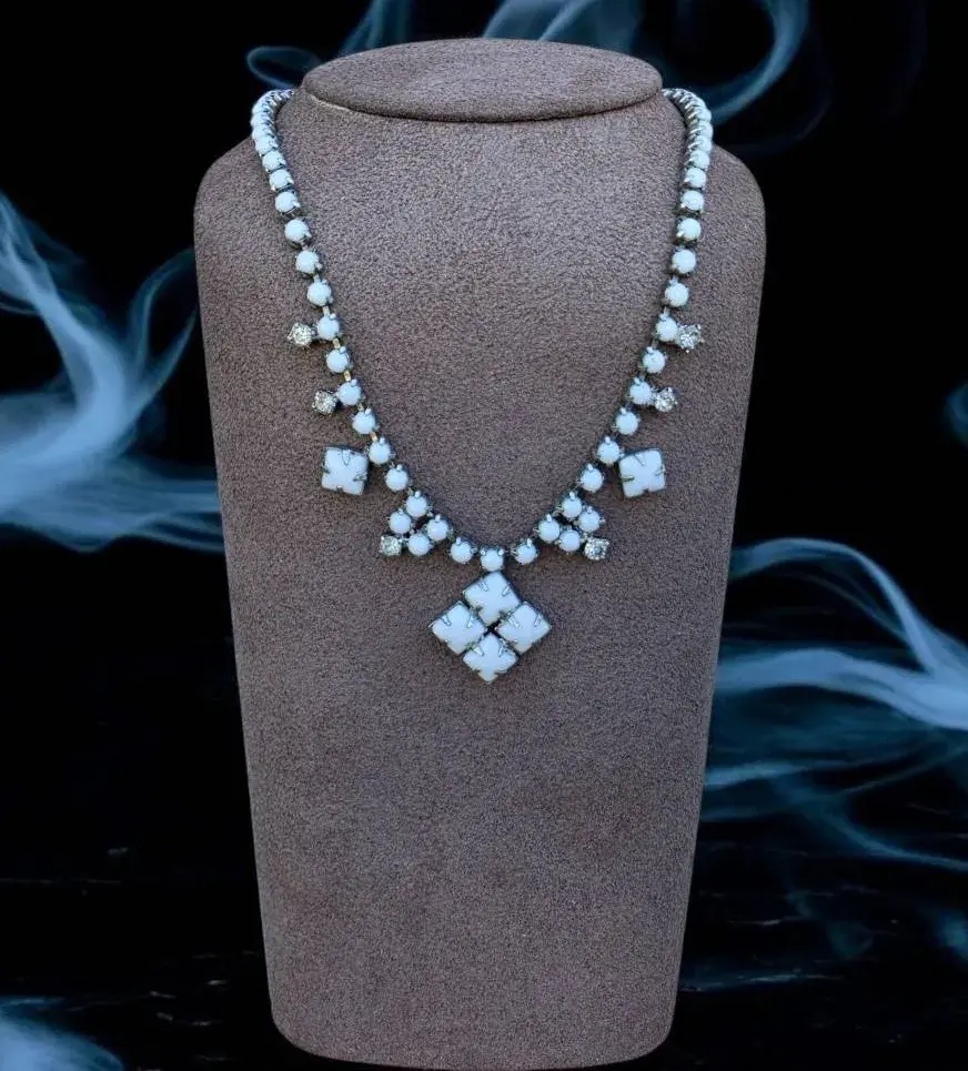 Vintage Milk Glass Rhinestone Statement Necklace