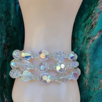 Vintage Vendome Aurora Borealis Crystal Bead 3 Strand Bracelet Clear AB 1950s 60s