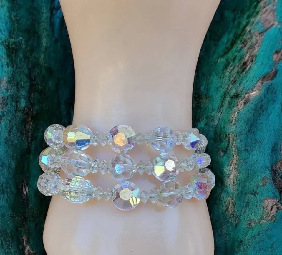 Vintage Vendome Aurora Borealis Crystal Bead 3 Strand Bracelet Clear AB 1950s 60s