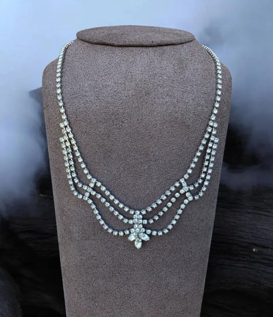 Vintage Clear Rhinestone Triple Strand Marquise Clustered Layered Necklace