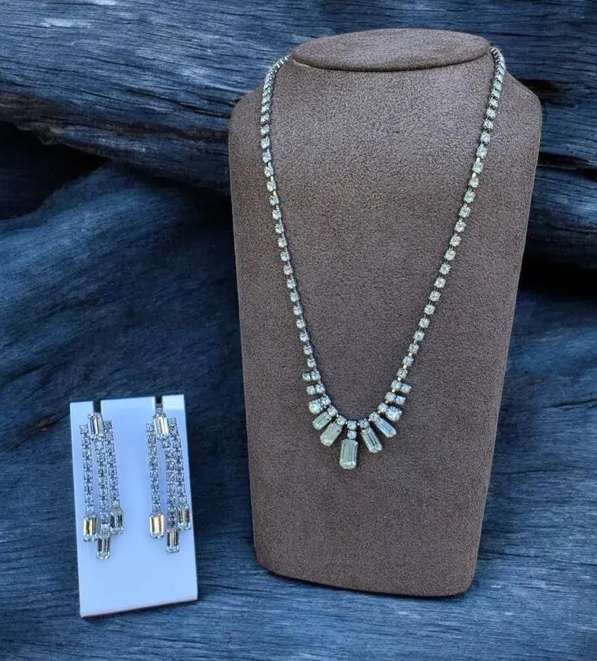 Vintage Mid-Century Cascading Round And Baguette Cut Crystals Necklace & Earring Set 
