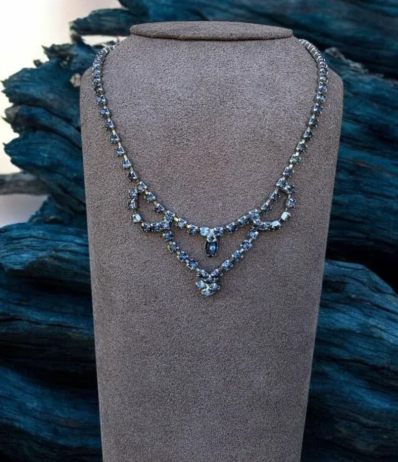 Vintage Bluish Gray Bib Swag Rhinestone Necklace