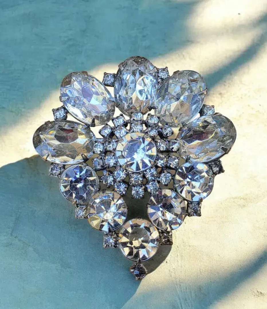 Vintage Rhinestone Crystal Floral Statement Brooch Pin