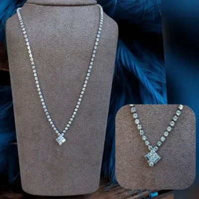 Vintage Rhinestone Tennis Necklace With Open V Chevron Style Pendant 