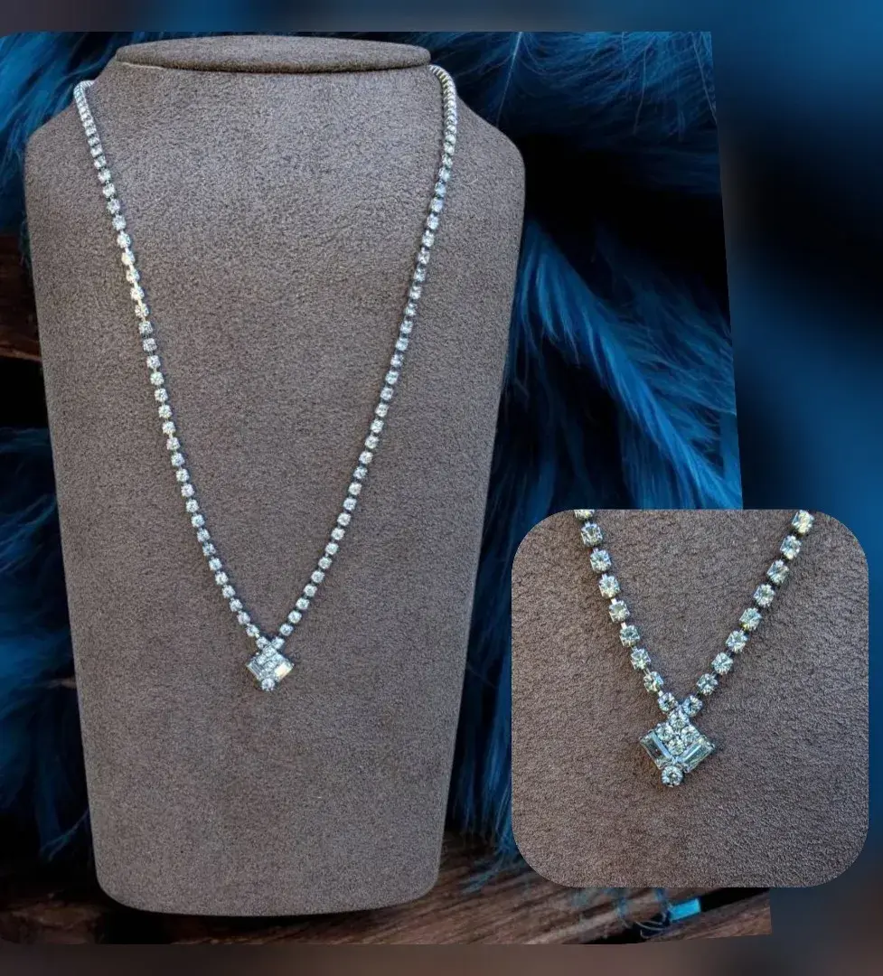 Vintage Rhinestone Tennis Necklace With Open V Chevron Style Pendant 