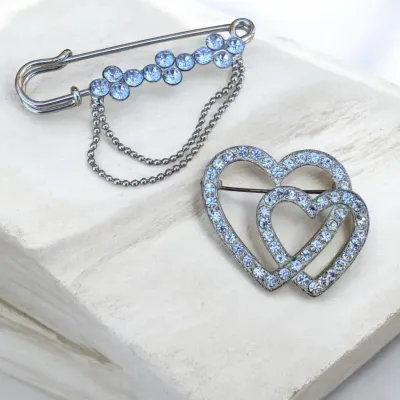 Vintage Rhinestone Brooch Lot 2pc Heart Brooch & Safety Pin Chain Crystal Pins