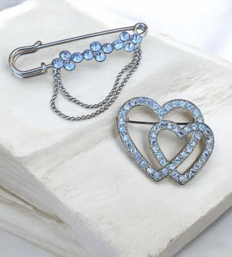 Vintage Rhinestone Brooch Lot 2pc Heart Brooch & Safety Pin Chain Crystal Pins