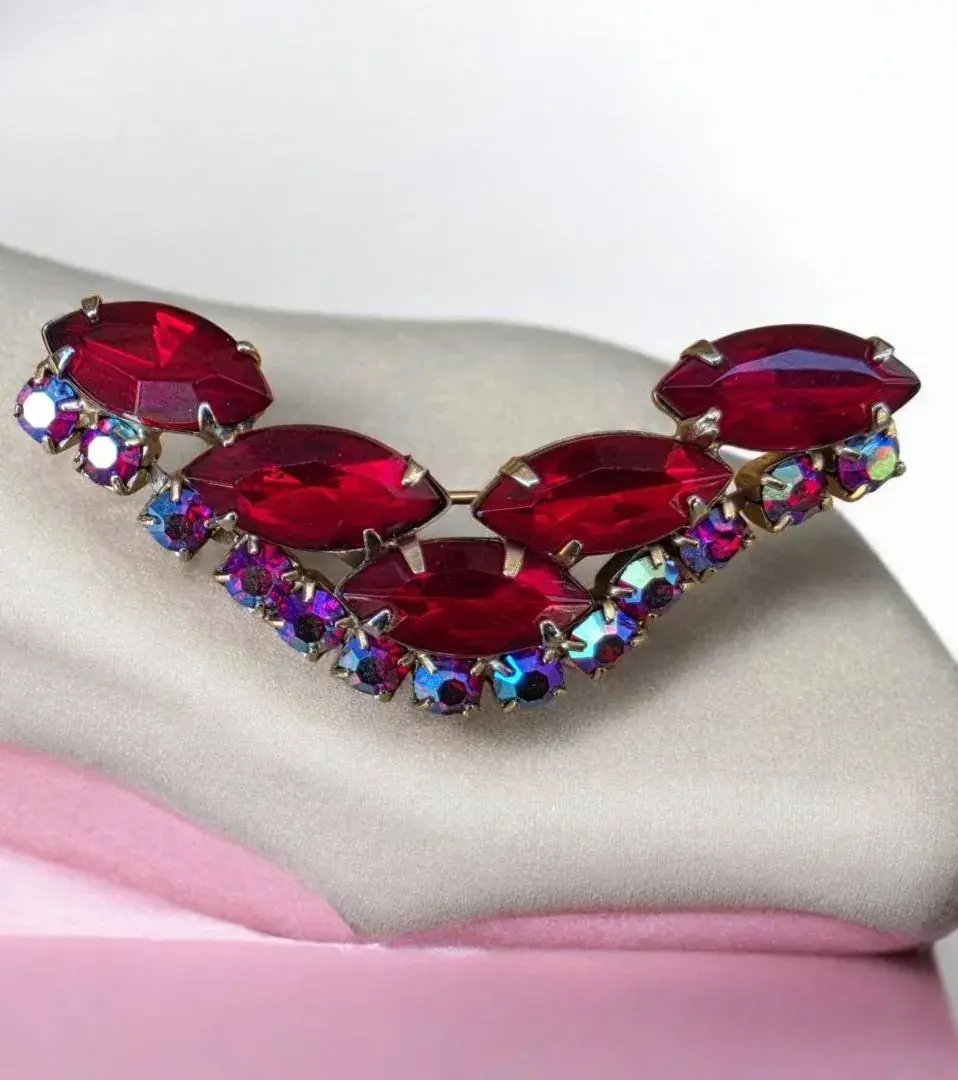 Vintage Red Rhinestone Aurora Borealis Crystal Brooch