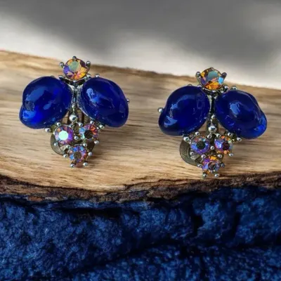 Vintage Blue Accent & Aurora Rhinestone Statement Clip-On Earrings – Silver Tone