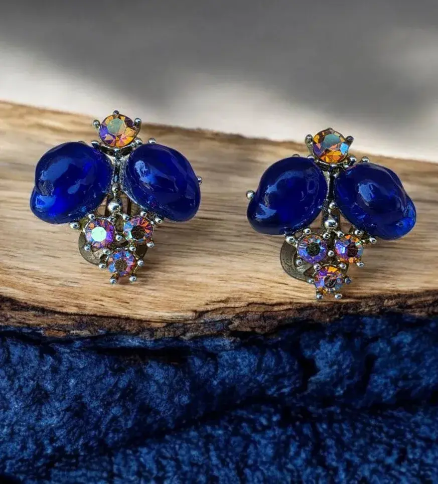 Vintage Blue Accent & Aurora Rhinestone Statement Clip-On Earrings – Silver Tone