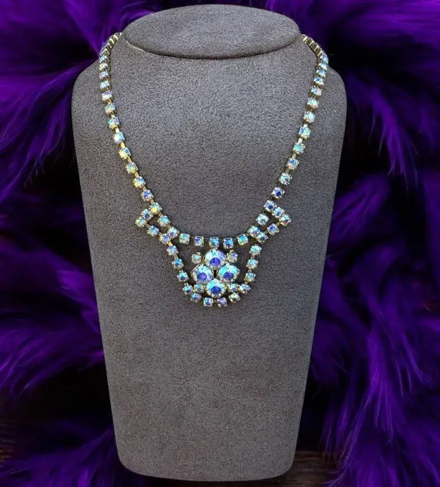 Vintage Aurora Borealis Dramatic Bib-Style Necklace With Pendant Drop At Center 