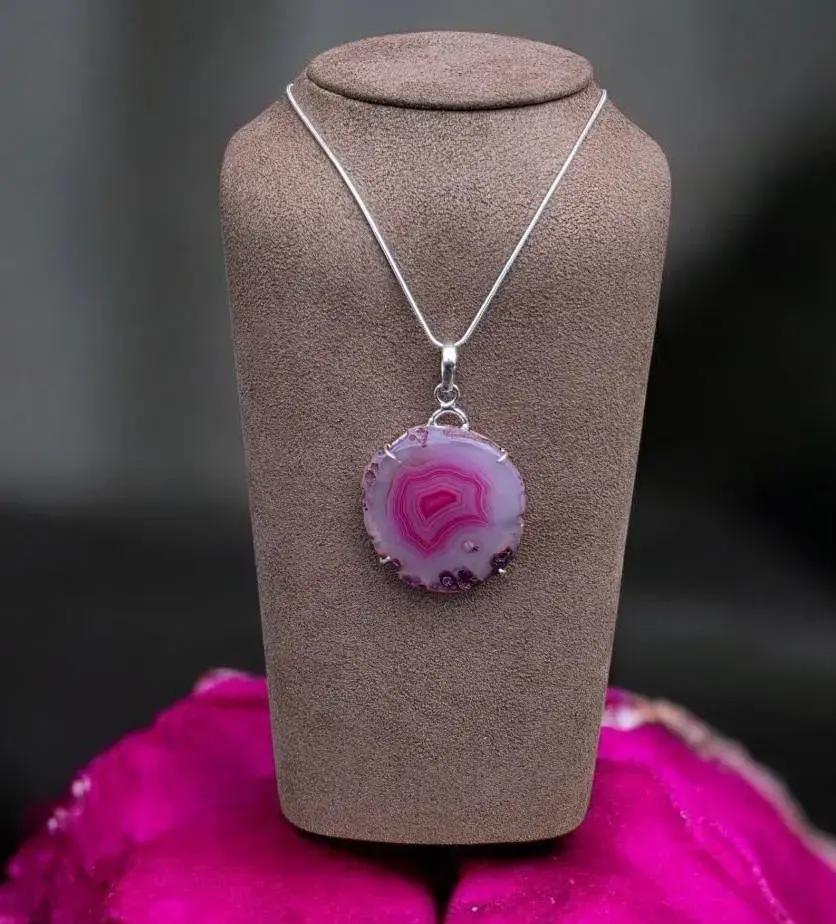 Pink Botswana Druzy Pendant Necklace 