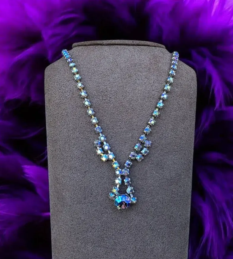 Vintage Ornate Aurora Borealis Necklace With Layered Center Crystal Pendant