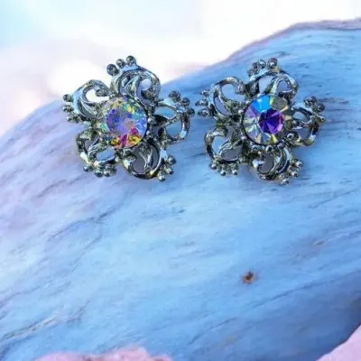 Vintage Aurora Borealis Crystal Rhinestone Floral Scroll Clip-On Earrings Silver Tone