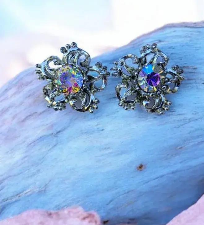 Vintage Aurora Borealis Crystal Rhinestone Floral Scroll Clip-On Earrings Silver Tone