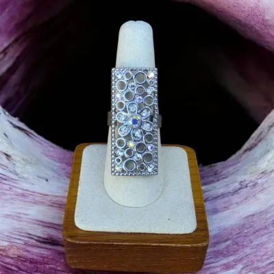 Vintage Elongated Aurora Borealis Cocktail Ring - Size 7.5 But Adjustable 