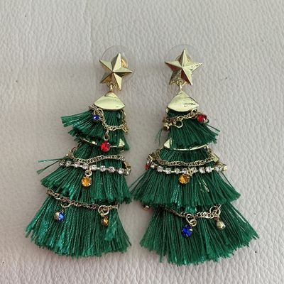 Festive Green Tassel Christmas Tree Drop Earrings