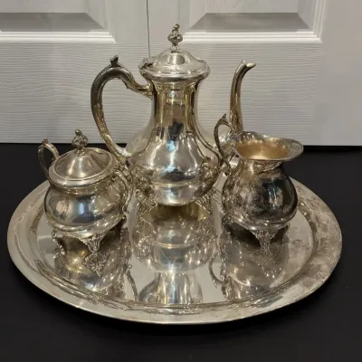 Vintage Silver Toned Coffee Tea Service Set Pot Creamer Lidded Sugar Tray