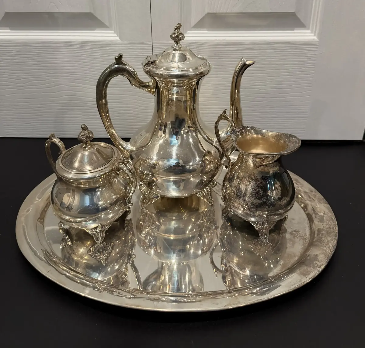 Vintage Silver Toned Coffee Tea Service Set Pot Creamer Lidded Sugar Tray