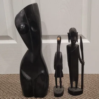 Wooden Hand Carved Figures of Nude Woman, African Warrior, Crane Bird